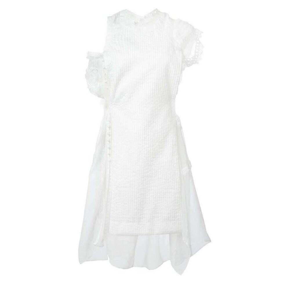 Sacai - Lace Trim White Seersucker Dress - M